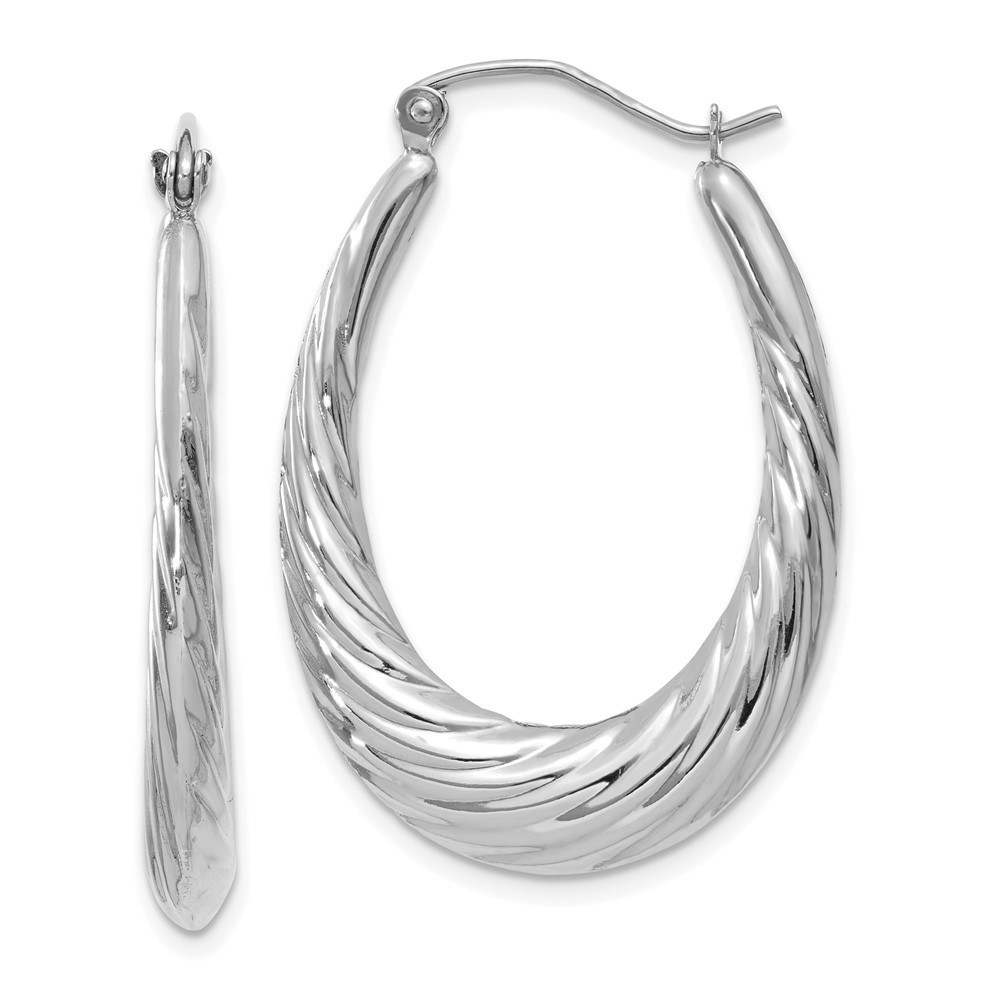 14k White Gold Polished and Textured Oval Hoop Earrings 32 L x 4 mm W